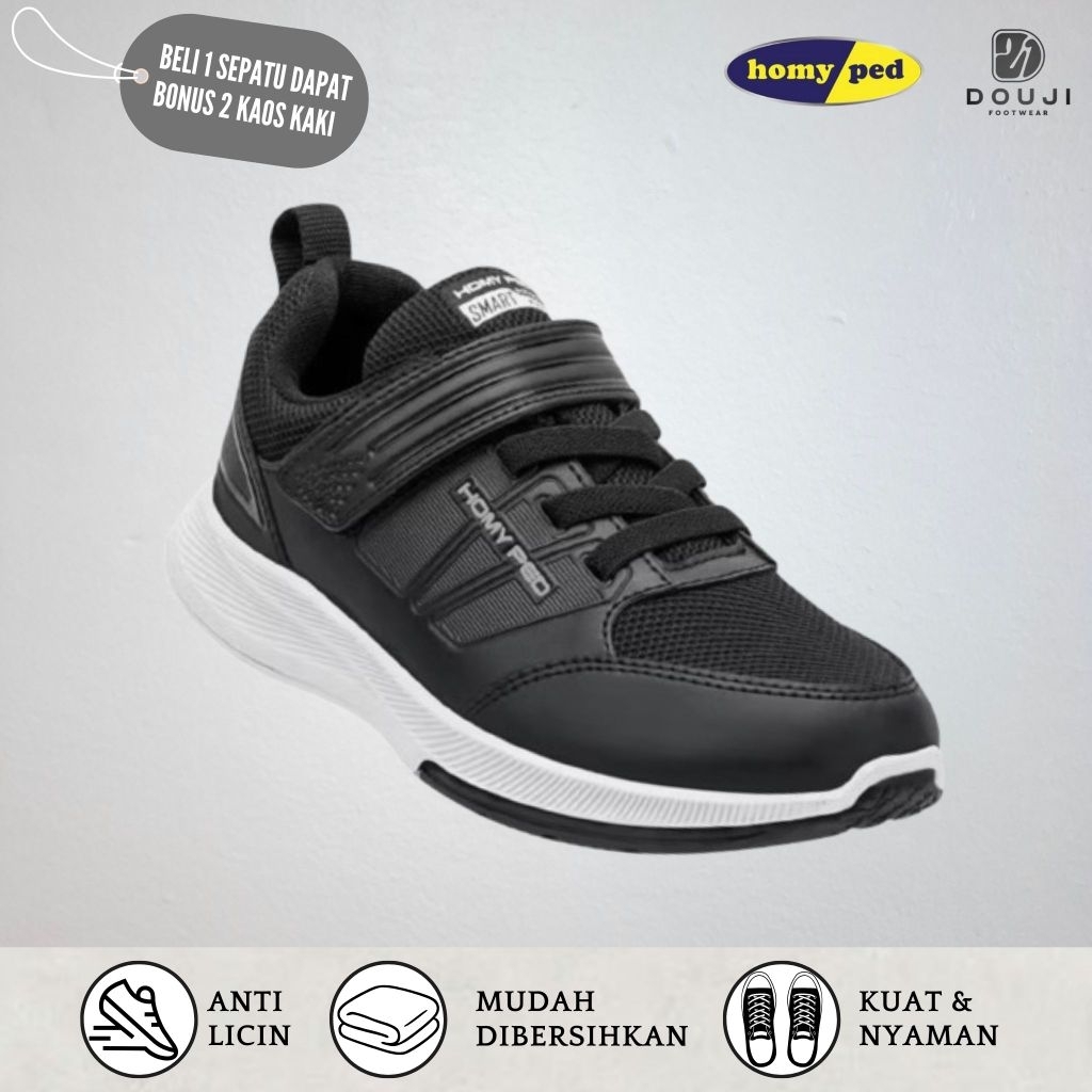 Sepatu sekolah anak Homyped  Perekat Variasi Tali Hitam putih GRATIS 2PASANG KAOS KAKI