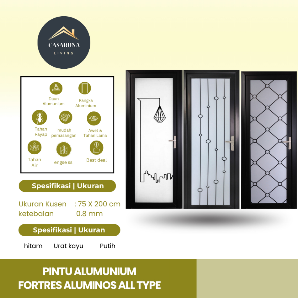 FORTRESS  ALUMINOS all type ukuran 70 x 200 cm. pintu kamar mandi minimalis, modern, estetik.