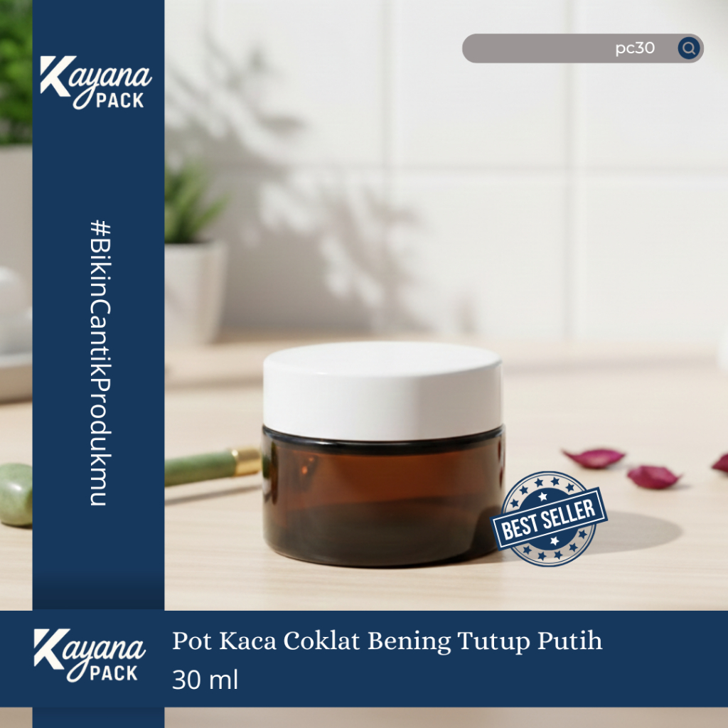 BOTOL POT JAR CREAM KRIM KACA COKLAT BENING 30GR TUTUP PUTIH / POT KACA COKLAT 30 GR (PC30)