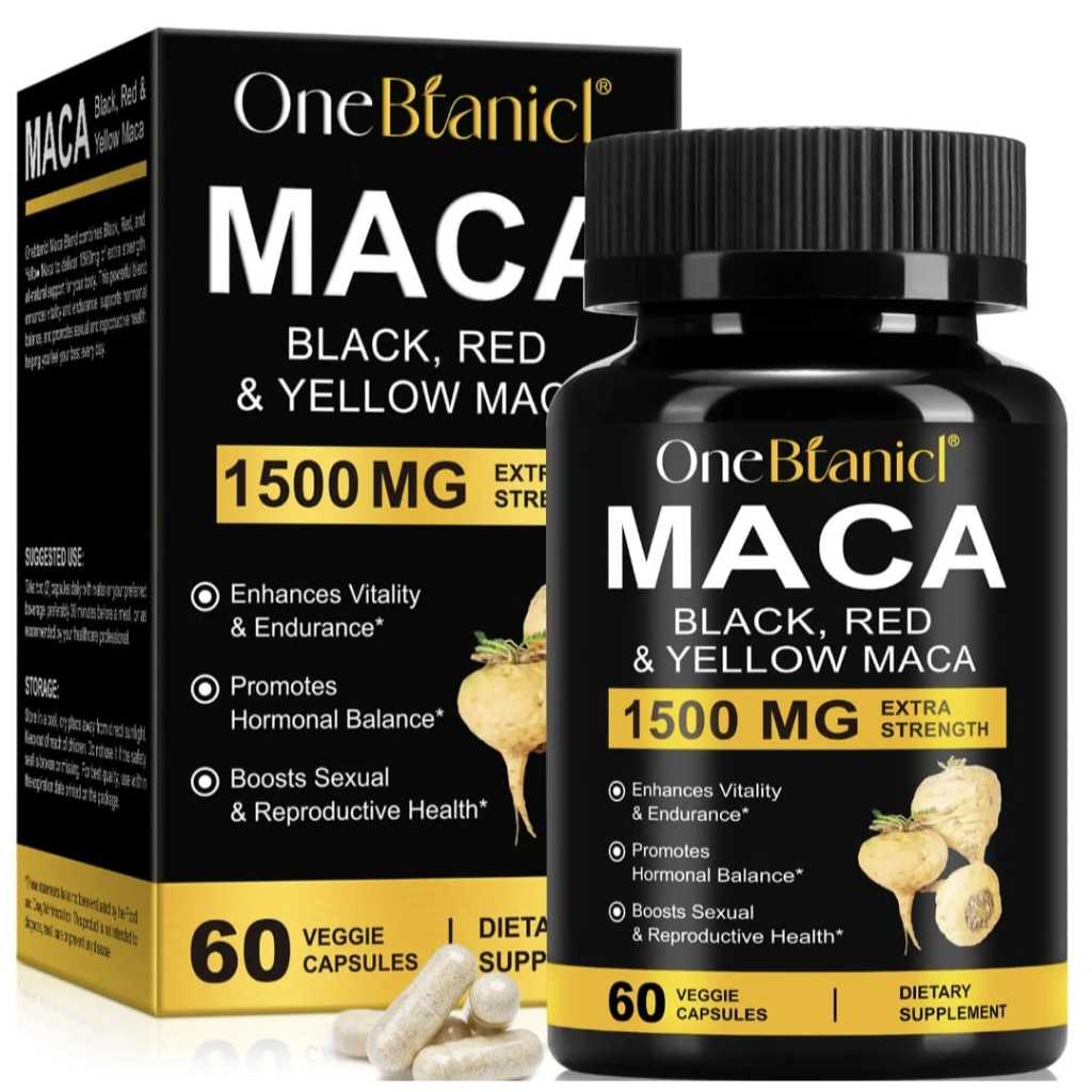 OneBtanicl Maca 1500 MG Extra Strength - Suplemen Makanan dengan Ekstrak Akar Maca Hitam Merah dan K