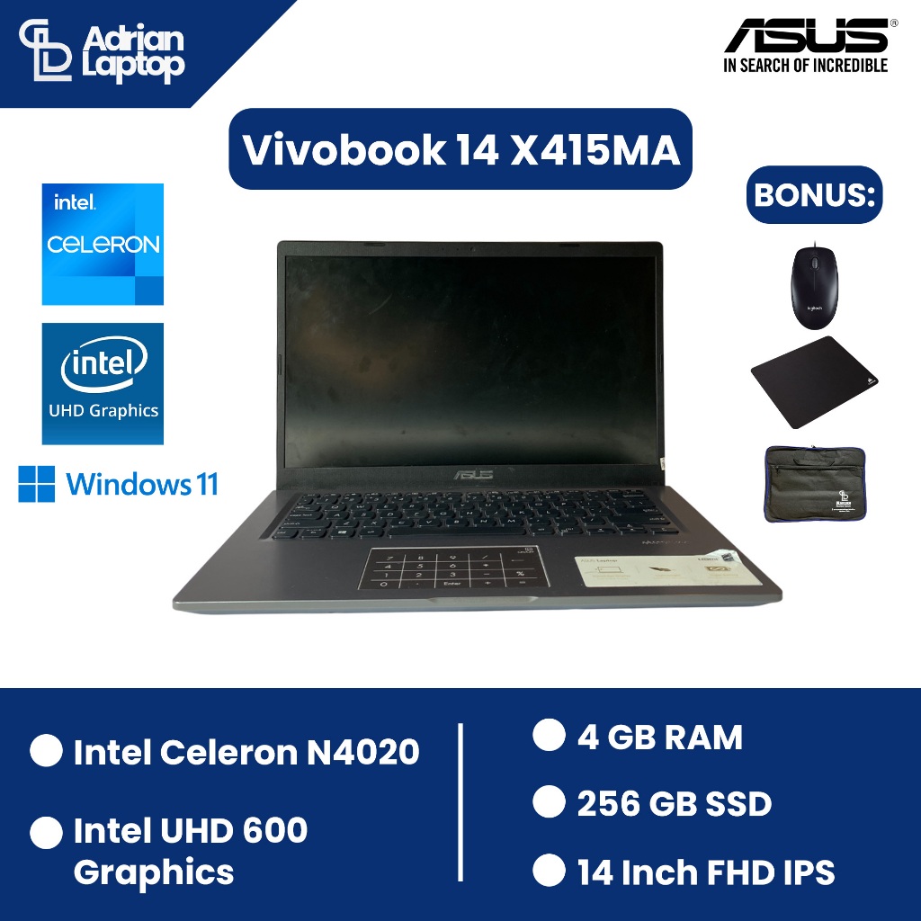 Laptop Second Asus Vivobook X415MA | Intel Celeron N4020 | RAM 4GB | SSD 256 GB | Berkualitas & Berg