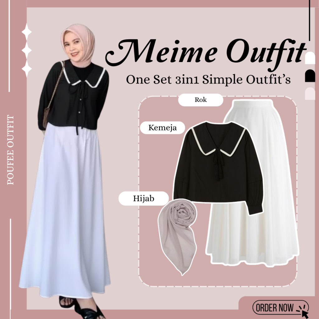 OOTD Wanita 3in1 Set Meime Outfit (Rok Joda Putih - Kemeja - Hijab) Outfit Hangout Cantik