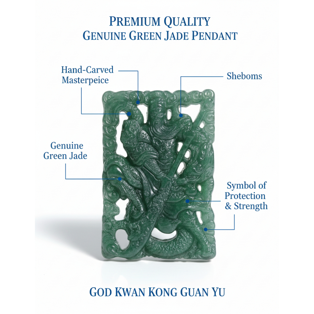 Liontin Giok Hijau Asli Ukiran Hand-Carved - Model Dewa Kwan Kong - Aksesoris Kalung Pria Wanita - G