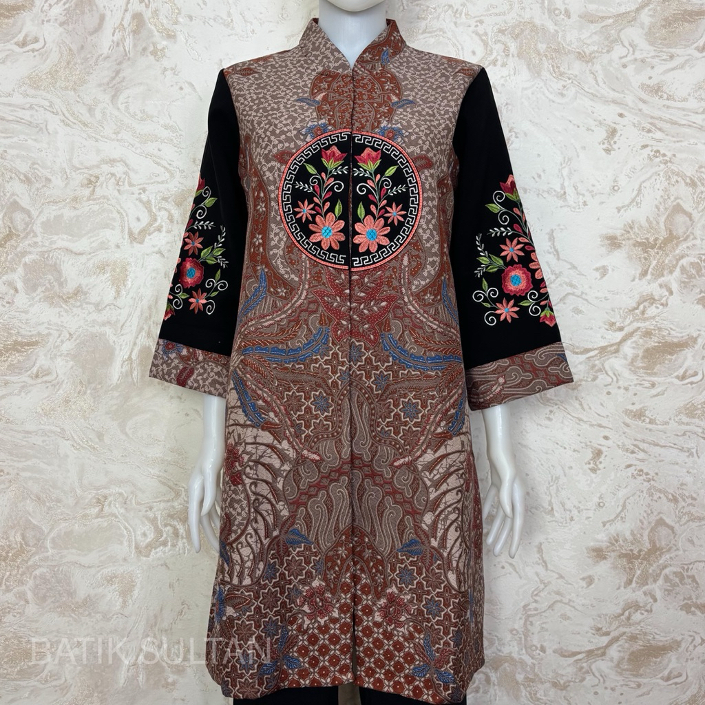 Atasan Tunik Batik Wanita Kain Doby Bordiran Reguler Fit Lapisan Tricot Waffle Mewah Elegan Formal K
