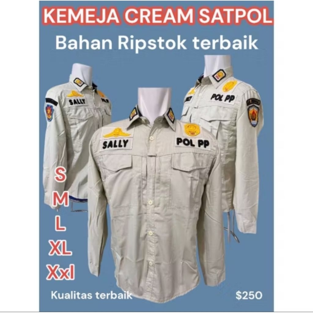Kemeja Cream POL PP Panjang Terbaru Bahan Ripstok+atribut bordir premium