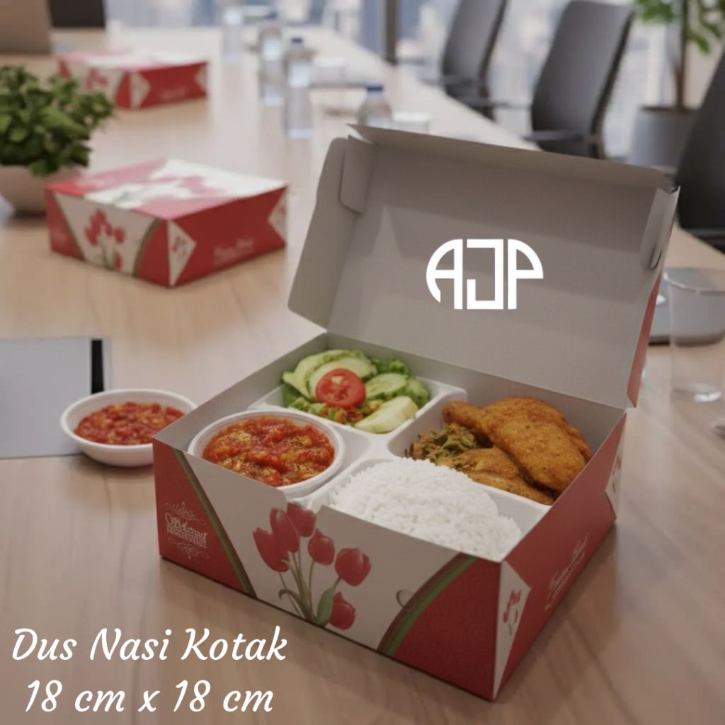 Box Kotak Nasi / Dus Kemasan Makanan Motif Warna Merah Ukuran 18 cm x 18 cm | 100 pcs