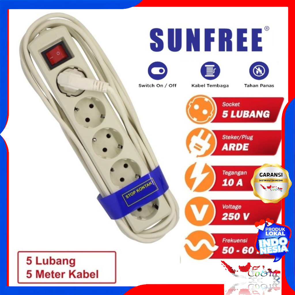 Sunfree Stop Kontak 5 Lubang Panjang 5M + Kabel / Stop Kontak Kabel Sunfree / Colokan Listrik