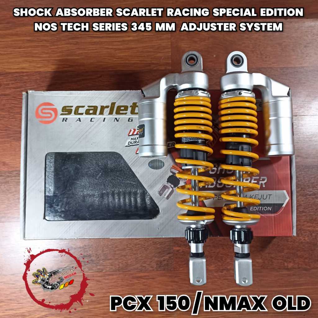 SHOCK BELAKANG SCARLET RACING 345 MM YELLOW NMAX OLD/PCX150 NOS TECH SERIES ADJUSTER SYSTEM SPECIAL 