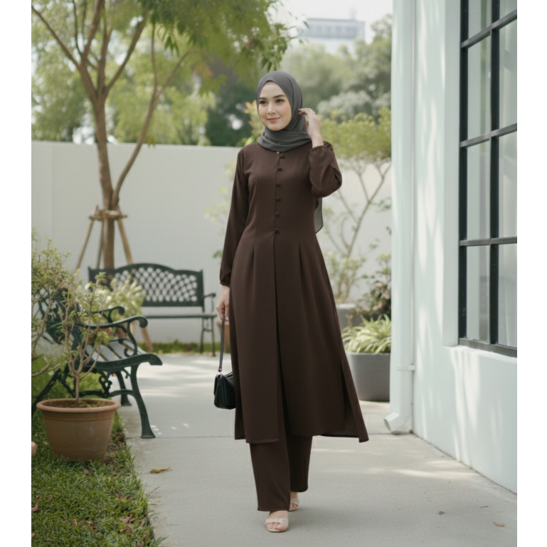 Set Atasan Long Tunik Dress Outer Dan Celana Kulot Basic Crinkle Premium Polos Lengan Panjang