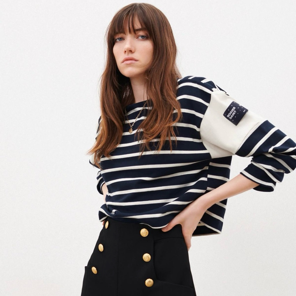 Zara Long Sleeve Striped Crop Top In Navy & Ivory Rogier de Saint Pierre Shirt