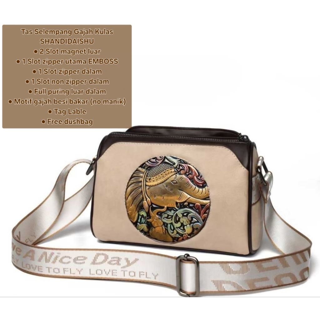 TAS SELEMPANG GAJAH KULIT ASLI SHANDIDAISHU BEIGE ORIGINAL TAS HP, MAKE UP, DOMPET, KONDANGAN, HEALI