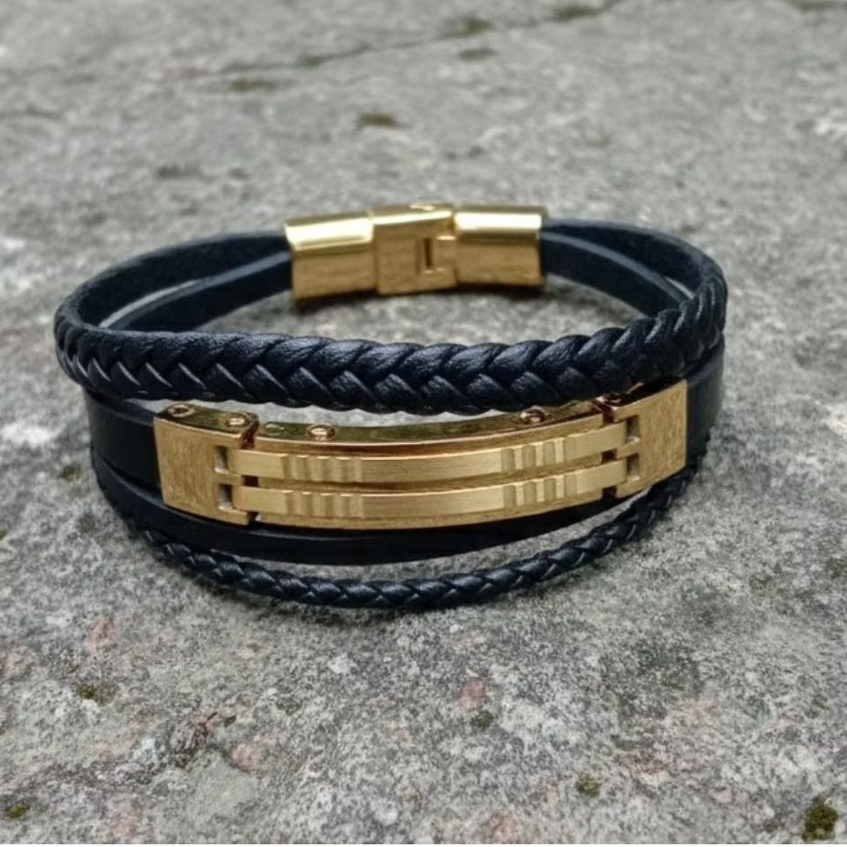 Gelang Kulit Titanium Gelang pria keren multy layer