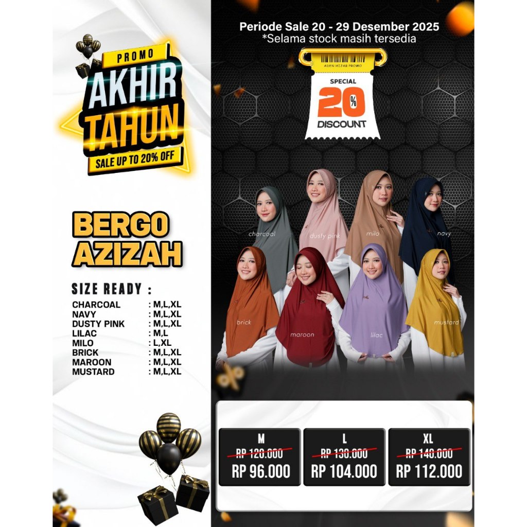 SALE MEGA BEST SELLER DAILY BERGO AZIZAH NEW JULI 2023 BY ADEN HIJAB / JILBAB JERSEY PREMIUM