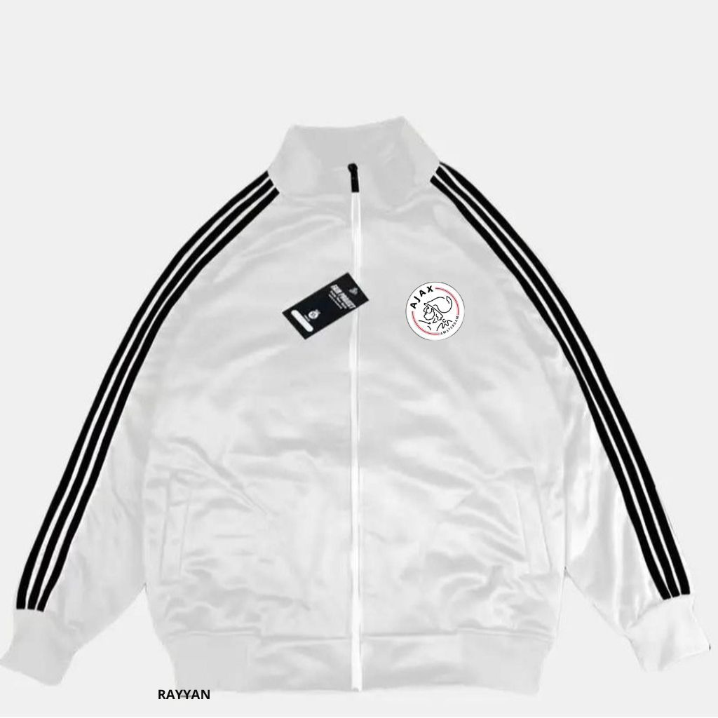 Ajax  Jacket Tracktop Unisex Footbal Club Top Eropa / Dunia Warna White Motif List Tangan Hitam Sz M