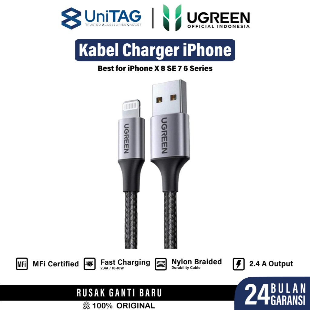 NEW PORODUK UGREEN KABEL DATA FAST CHARGING IPHONE XR XS MAX X 8 SE 7 6 PLUS CHARGER USB TO