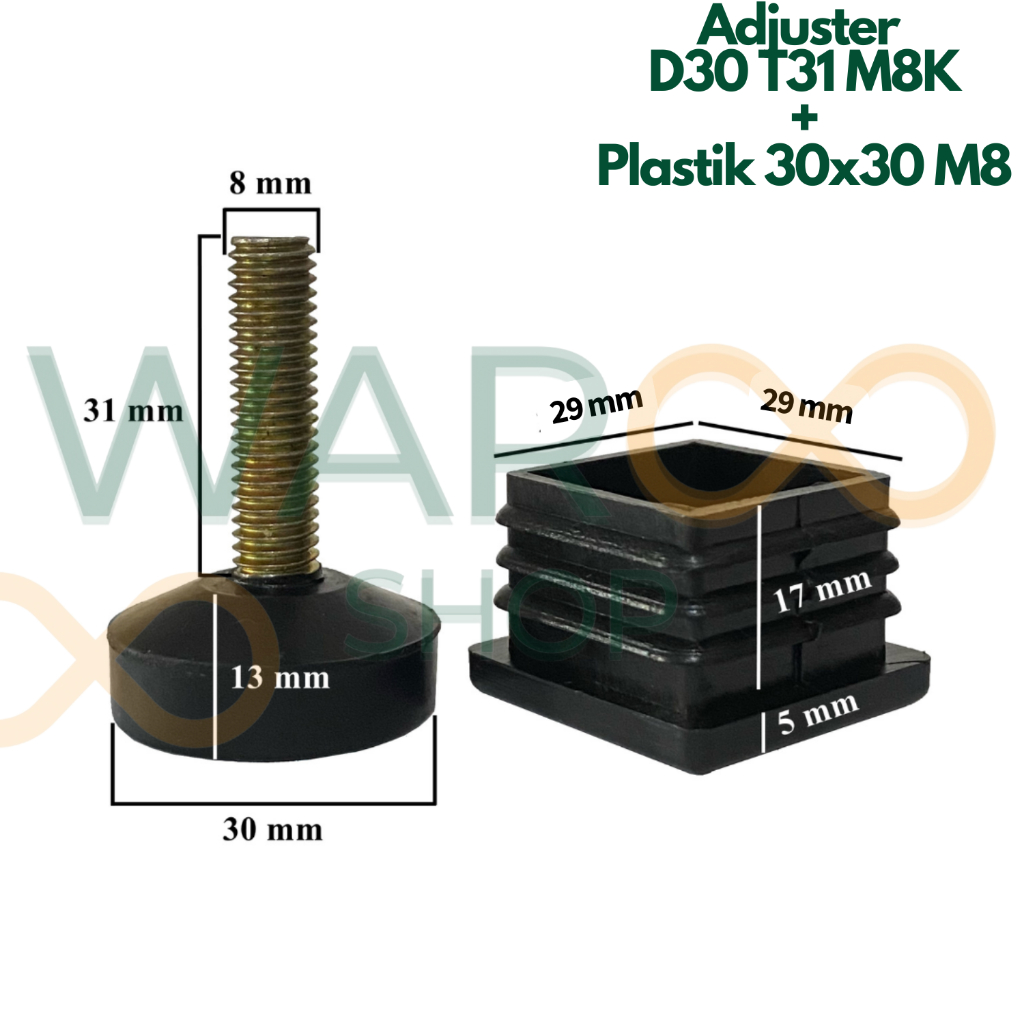 Adjuster Karet Alas Kaki Stabil Meja Kursi Sofa Besi Baut M8 D30 T31 + Plastik Besi Hollow 30x30 M8 