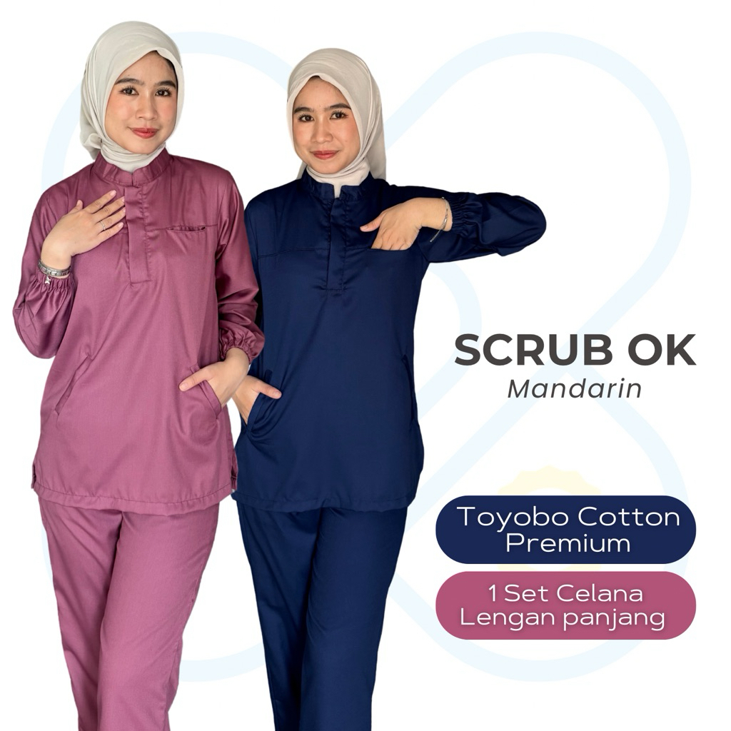 Baju OK Mandarin Resleting Set Lengan Panjang/ Baju jaga Hidden resleting/ Scrub Dokter/ Scrub Medis