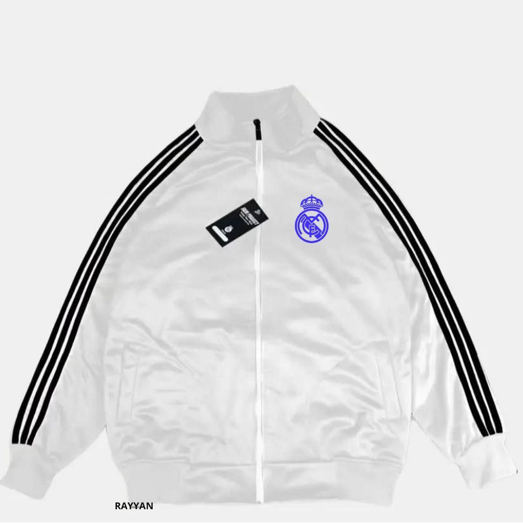 Real Madrid Jacket Tracktop Unisex Footbal Club Top Eropa / Dunia Warna White Motif List Tangan Hita