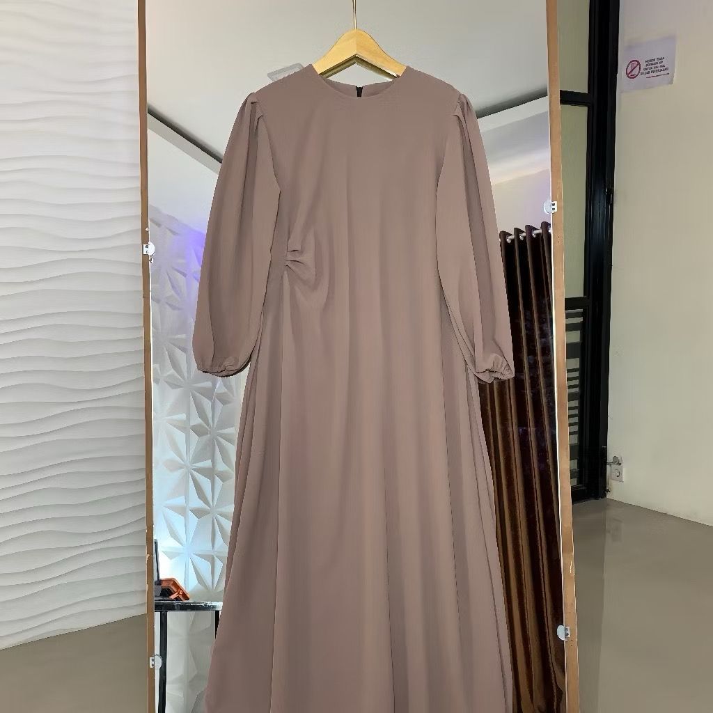 Gamis Polos Simple Remaja Kekinian - Dress Wanita Polos Simple Kerut Pinggang Samping