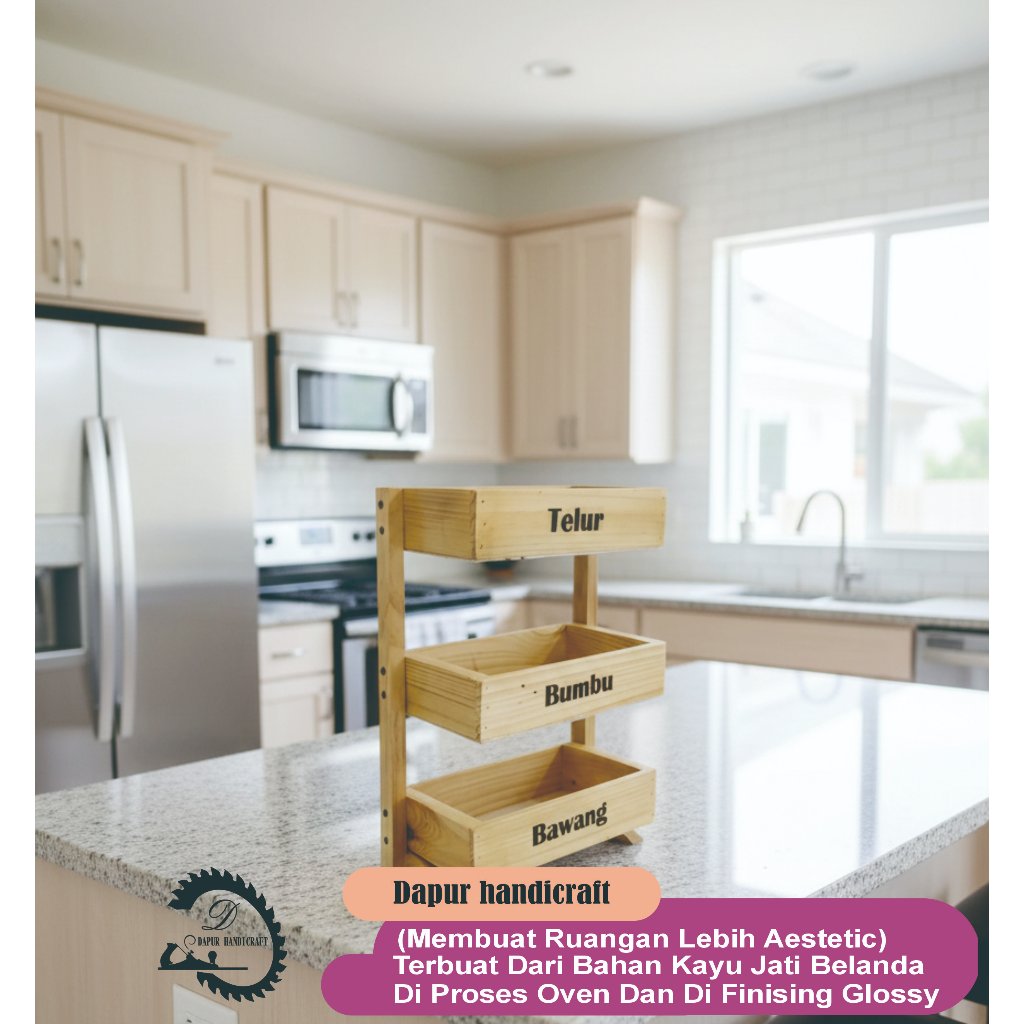 Rak Bawang 3 Susun Kayu  Gratis Stiker Bumbu Dapur Unik  Fernis
