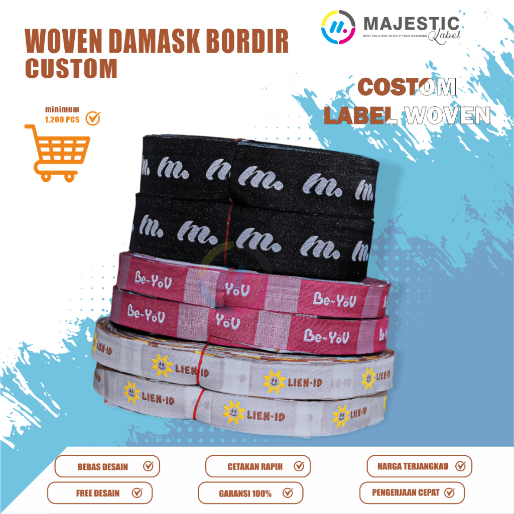 all size woven damask custom + label woven + label baju bordir + label tenun