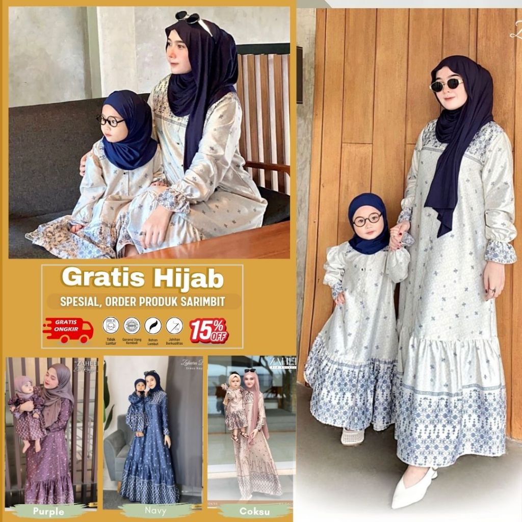 Gamis couple lebaran 2026 model gamis terbaru Zaheera / baju couple ibu anak perempuan Zalira Kids g