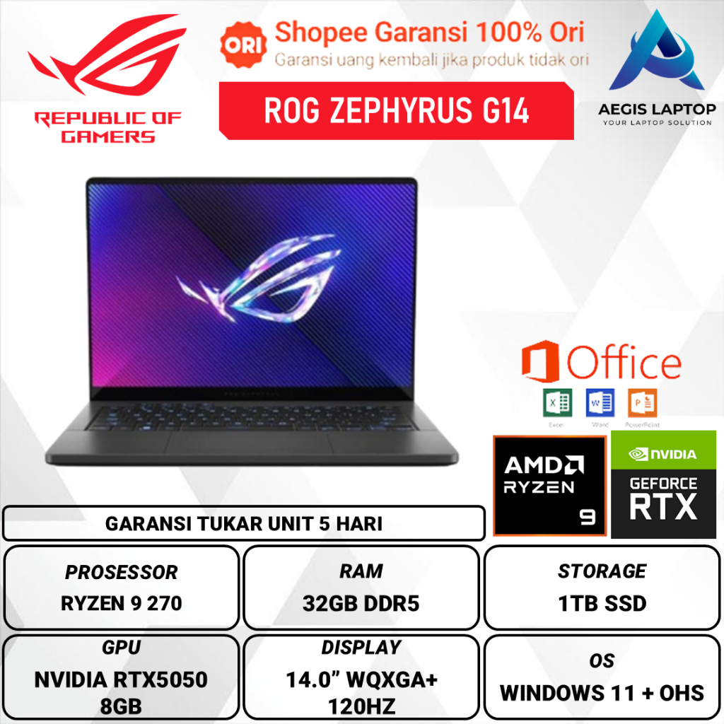 Asus ROG Zephyrus G14 OLED GA403UH AMD Ryzen 9 270 RTX5050 32GB 1TB W11 OHS 14.0 WQXGA+ 120Hz