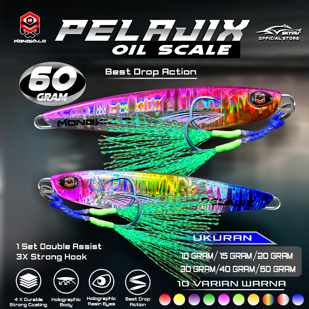 MONGKALO PELAJIX Hologram Minyak Metal Jig 60 Gram 1 Set Double Assist Hook Killer Umpan Jig 60g jig