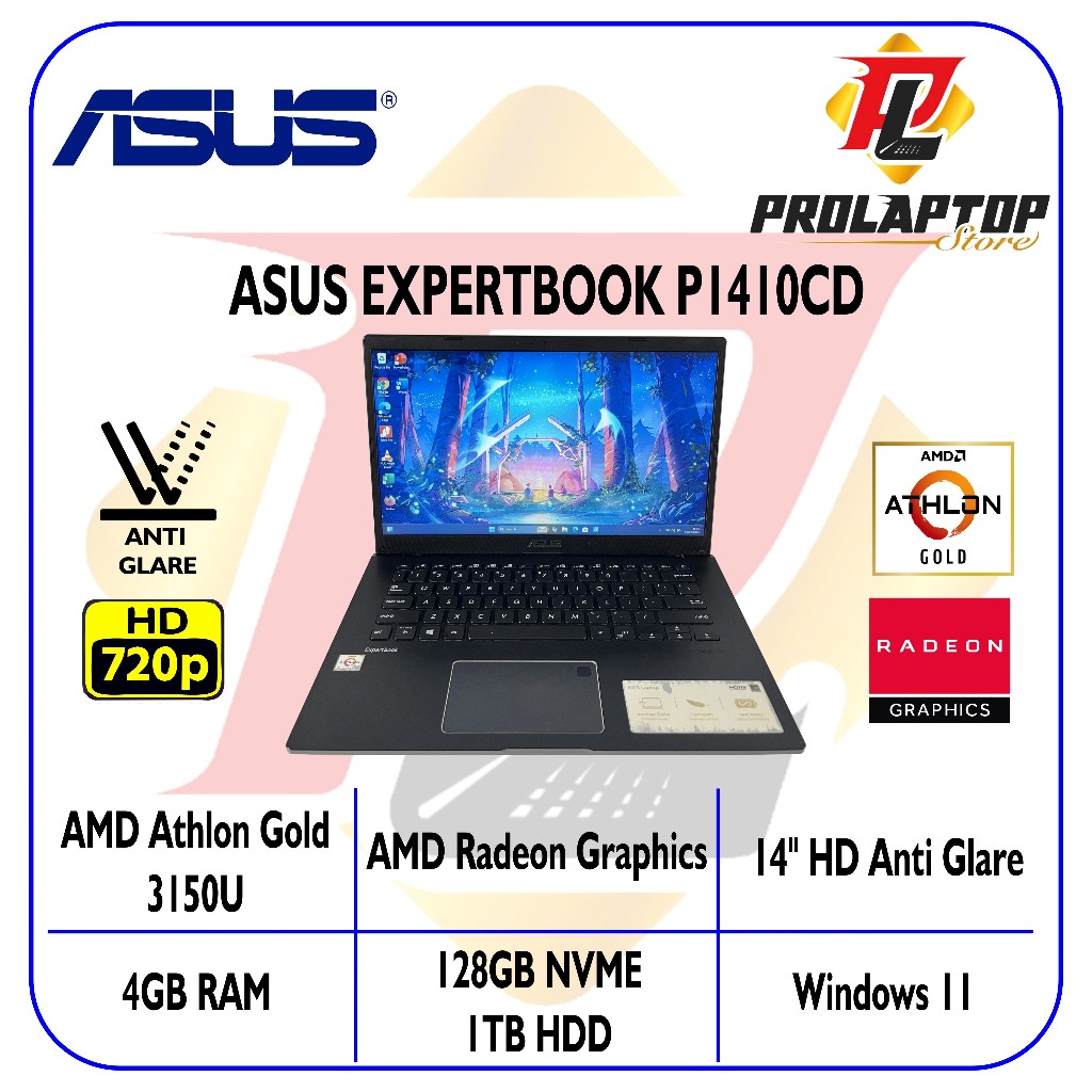 Asus ExpertBook P1410CD AMD Athlon GOld 3150U RAM 4GB SSD NVME 128GB + HDD 1TB 14" HD Anti Glare