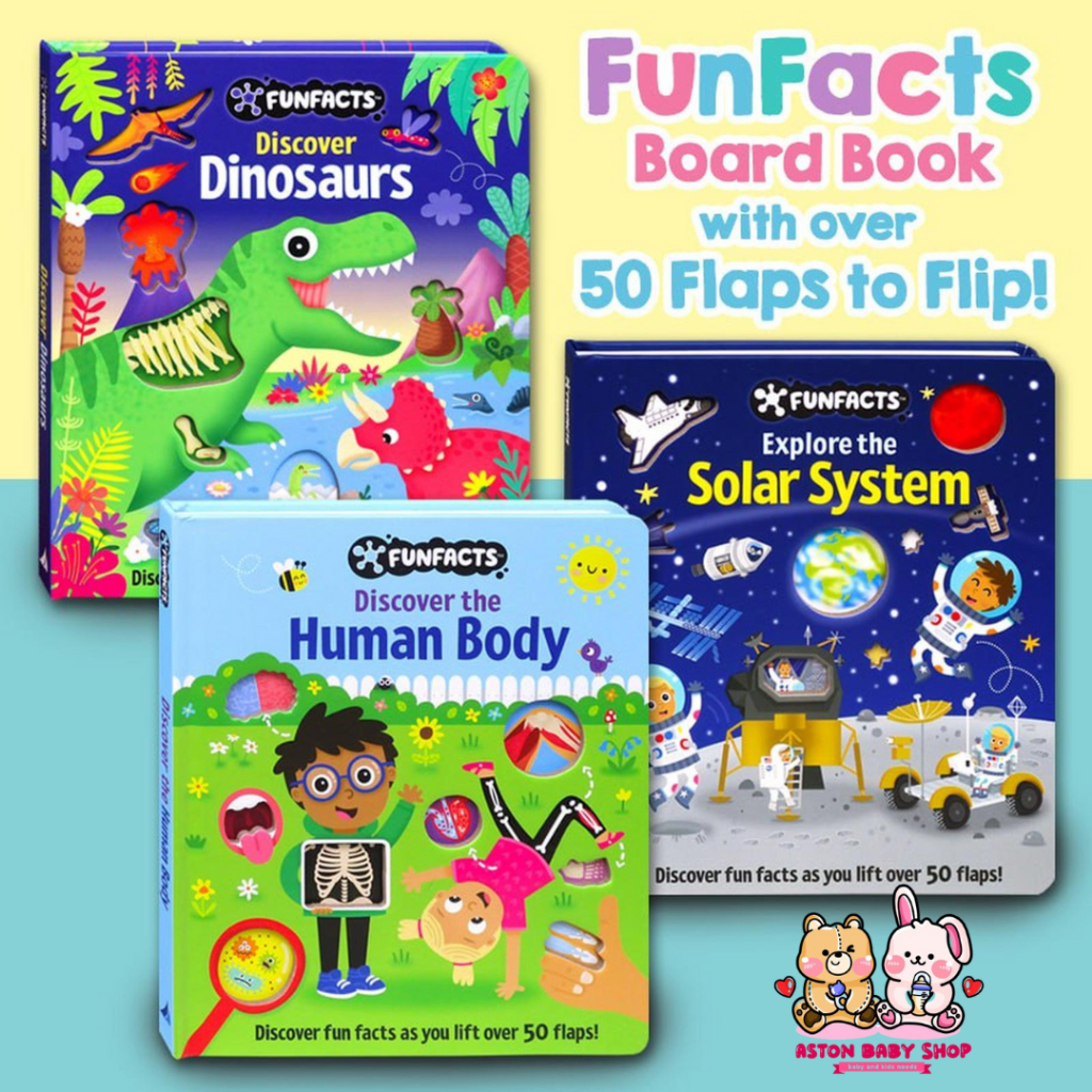 FunFacts Board Book with Over 50 flaps to lift - Discover the Human Body, Solar System, Dinosaurs, E