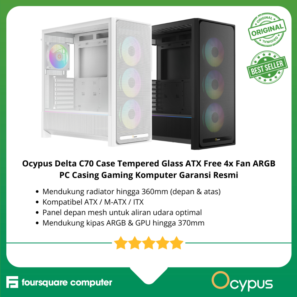 Ocypus Delta C70 Case Tempered Glass ATX Free 4x Fan ARGB PC Casing Gaming Komputer Garansi Resmi
