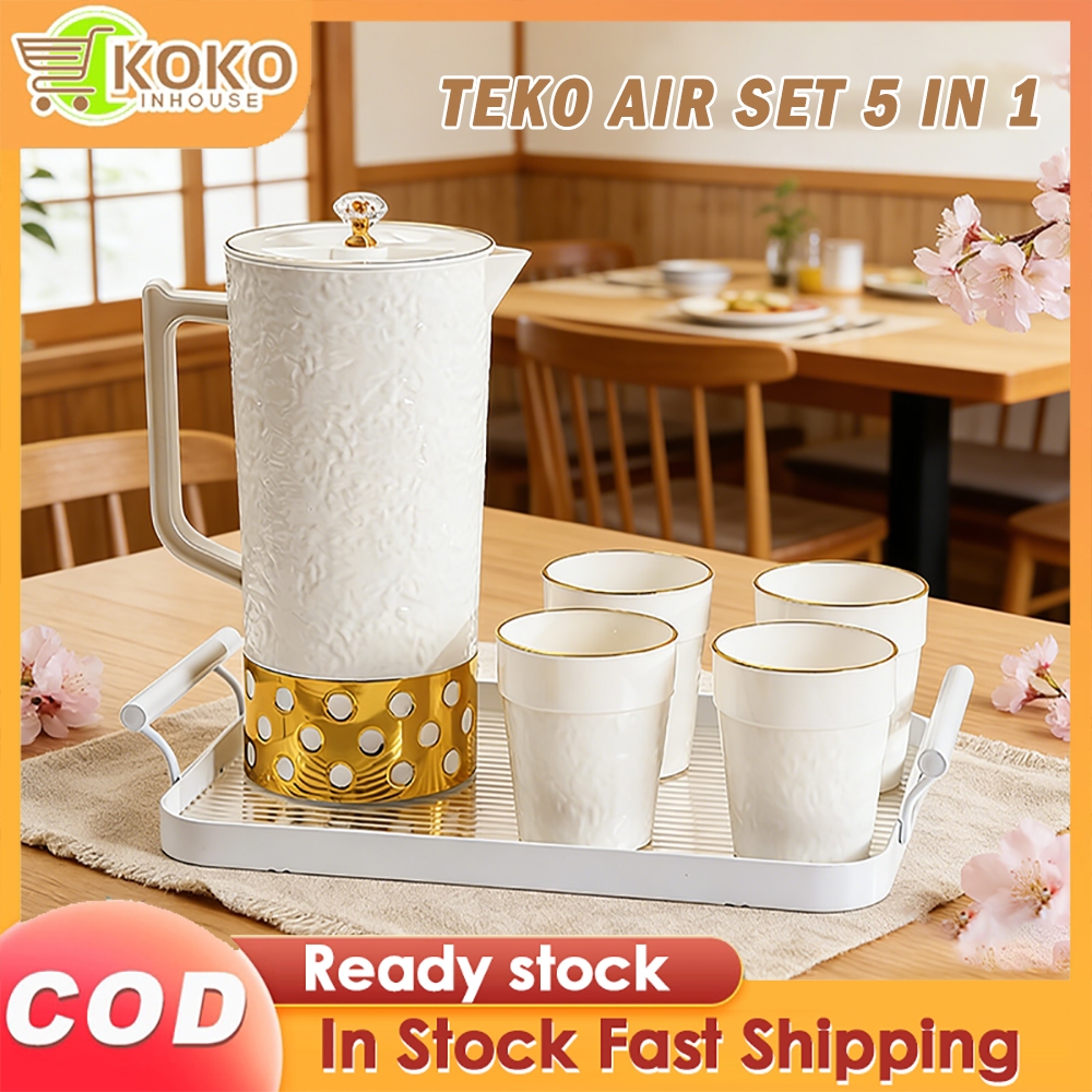 Teko Air Set 5 In 1 Ceret air Plastik/Teko Air Minum Set Gelas/Minimalis Tutup Rapat Anti tumpah/Pit