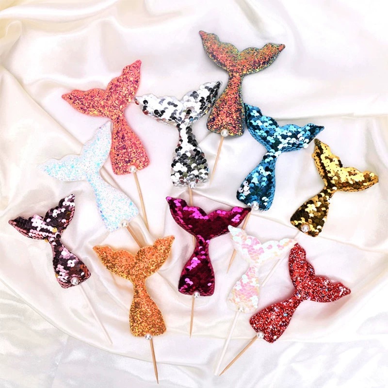 Hiasan Kue Ekor MERMAID / PUTRI DUYUNG Payet untuk Topper Cake / Cupcake Ulangtahun Anak Lucu