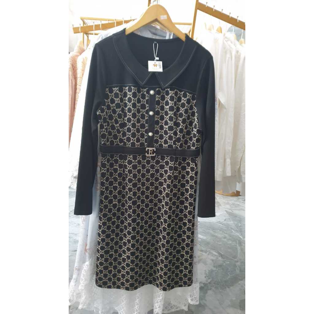 Tunik Wanita Hitam Motif Elegan | Tunik Lengan Panjang Aksen Belt