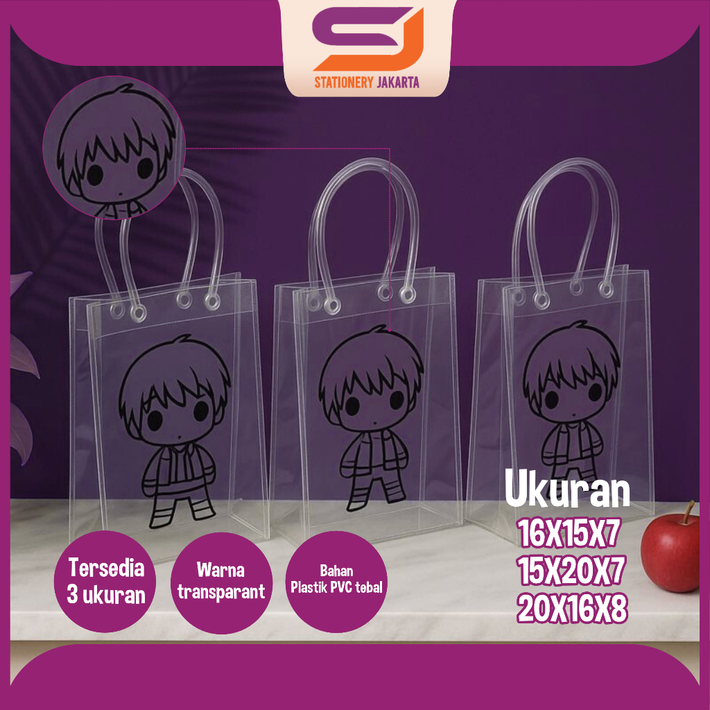 Totebag Transparant CUSTOM SABLON | Tas Mika PVC Transparan | Tas Mika Souvenir Ulang Tahun Bening