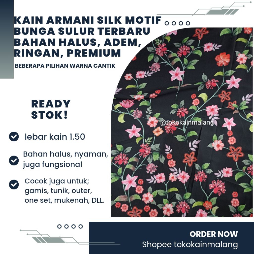 (HARGA PER SETENGAH METER) KAIN SATIN ARMANI MOTIF BUNGA SULUR/ KAIN ARMANI SILK MOTIF BUNGA TERBARU