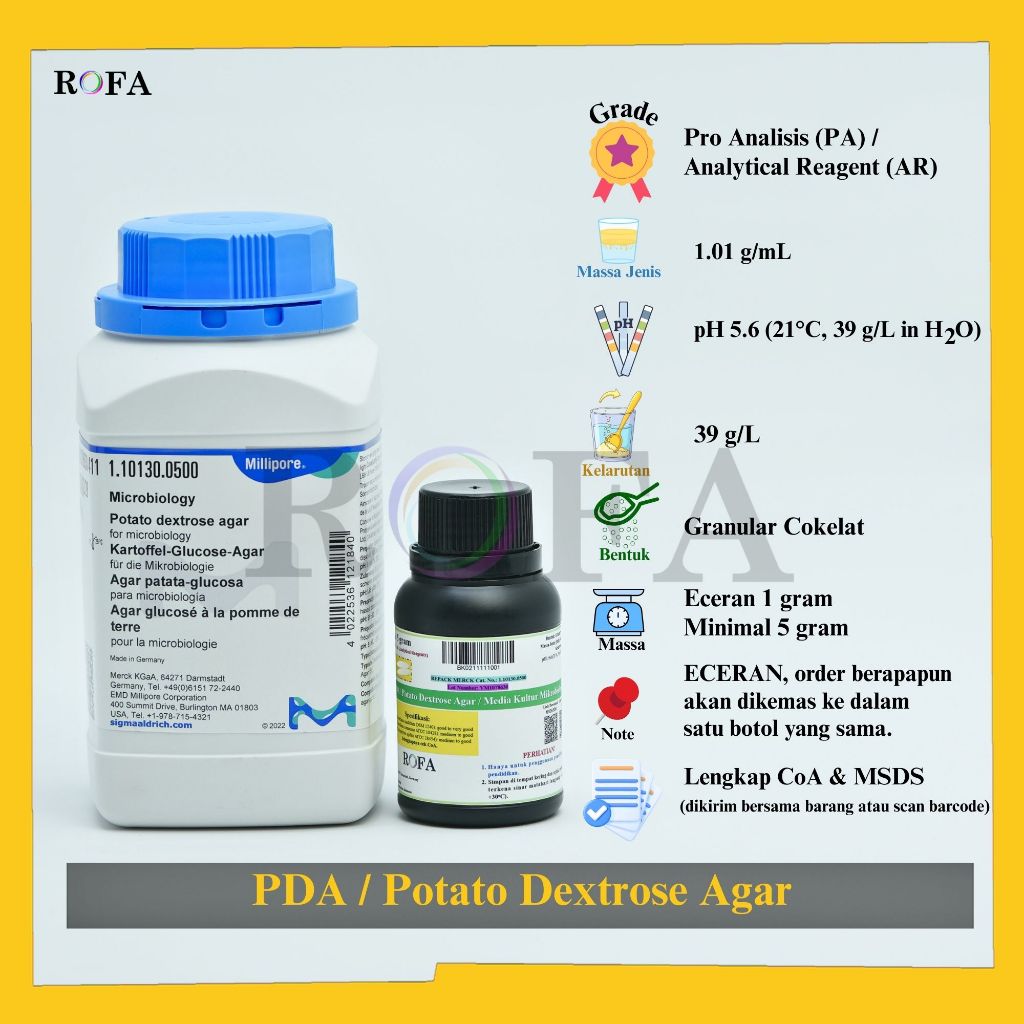 PDA / Potato Dextrose Agar / Media Kultur Mikrobiologi Pro Analisis Eceran 1 Gram