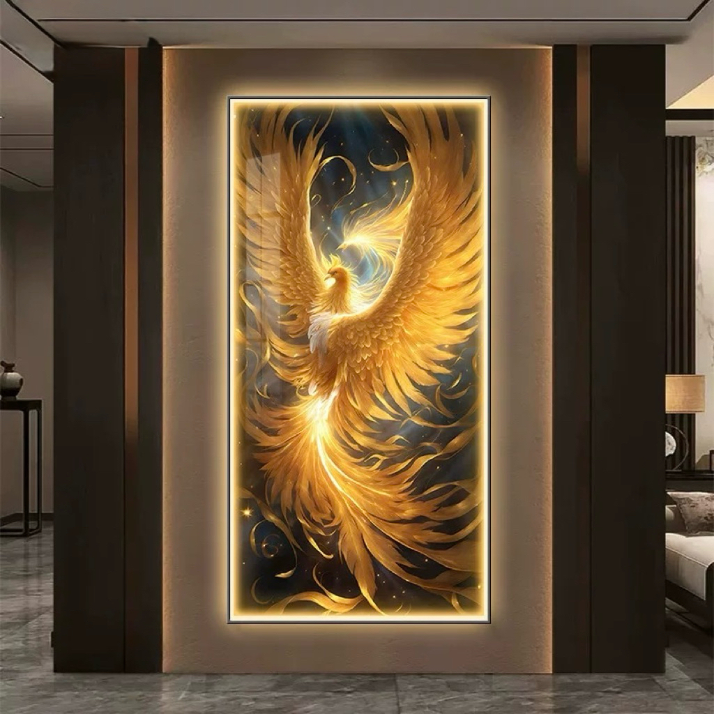 KOKOPAINTING Lukisan Porcelain Diamond 5D Kristal LED Motif Burung Phoenix Api / Lukisan Burung Phoe