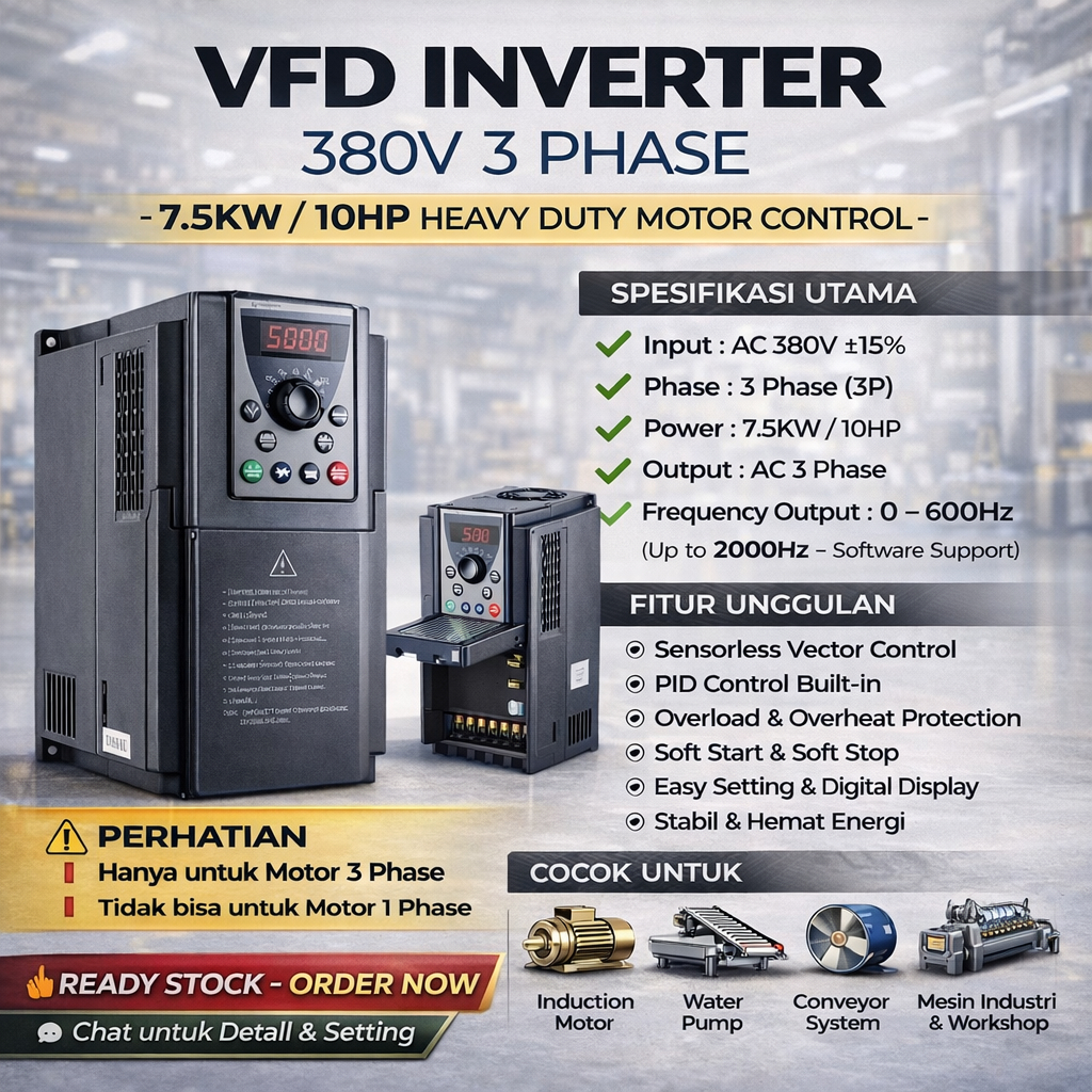 Inverter Frekuensi Converter VFD Konverter Inverter 7.5KW 380V 3Phase 3P 10 HP VFD