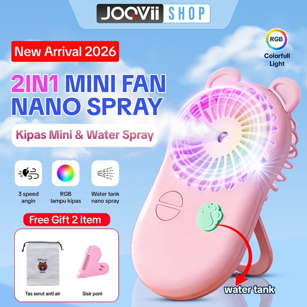 JOQVII Kipas Angin Mini Nano Spray Aromaterapi Kipas Kecil Genggam Lucu Portable 2 in 1 Lampu LED - 