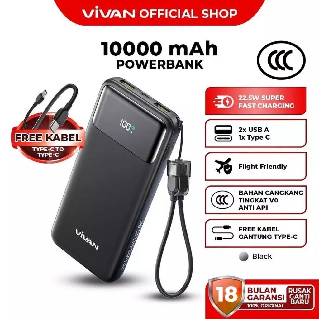 VIVAN VPB-D11 Powerbank 10000mAh 22.5W Fast Charging LED Display Kabel Gantung Black