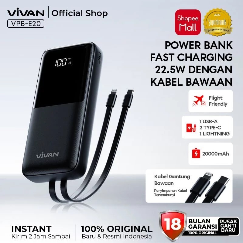 VIVAN VPB-E20 Powerbank 20000mAh 22.5W Dual Kabel LED Display Fast Charging Black