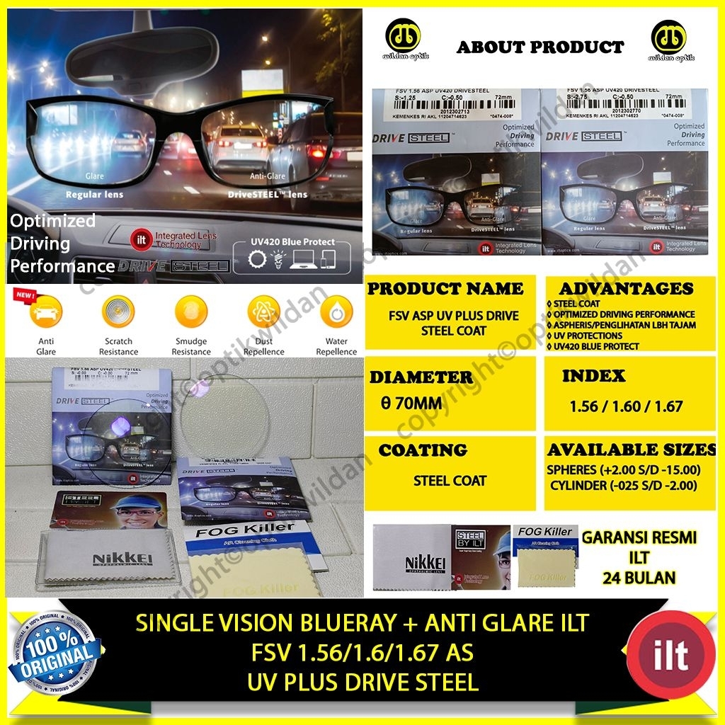 ILT DRIVE STEEL SINGLE VISION UVPLUS DRIVE STEEL COATING /BLUERAY NIGHT VISION INDEX 1.56/1.6/1.67