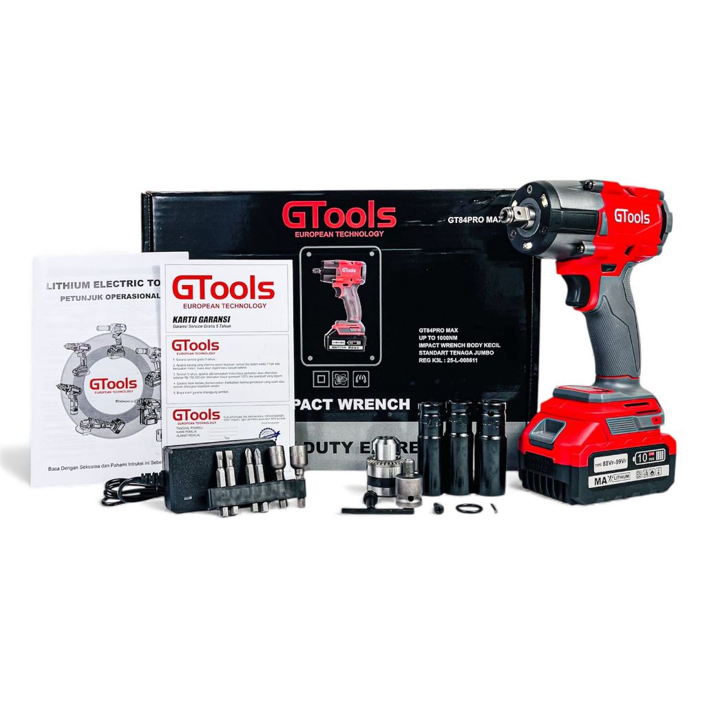 GTools Mesin Bor Impact Baterai GT84PROMAX Fullset New Edition Torsi 1000 NM 3 Mata Soket 17mm -21mm