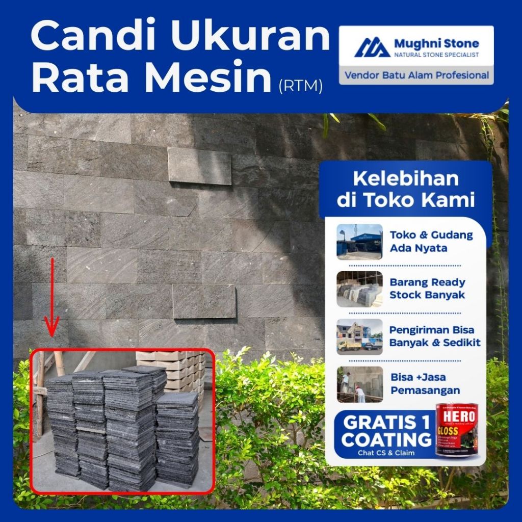 Batu Alam Candi Hitam Rata Mesin (RTM) Cocok Untuk Dinding Modern Alami & Dinding Taman - BIsa +Jasa