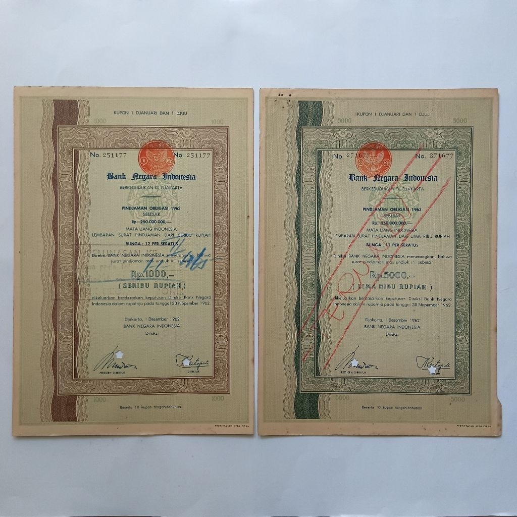 Koleksi Kuno Jadul Arsip Dok Obligasi B4nk Negara Indonesia 2 Lbr 1962 - YN3054