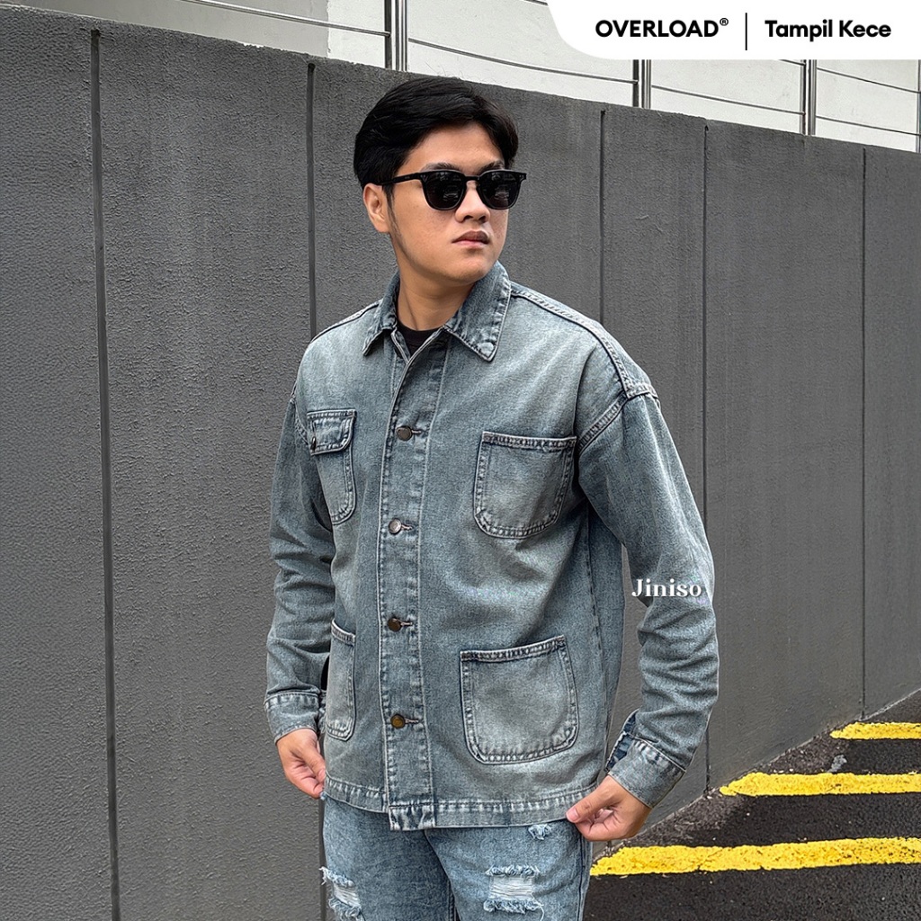 JINISO Pria Jaket Denim Jeans Oversize WorkWear Blue Washed