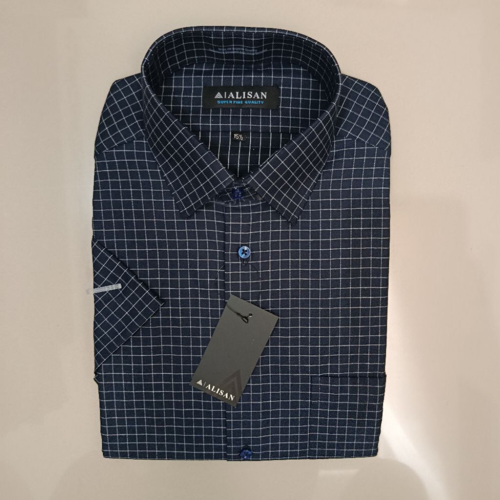 LENGAN PENDEK Alisan Kemeja Pria Motif Kotak Kotak Biru Tua Reguler