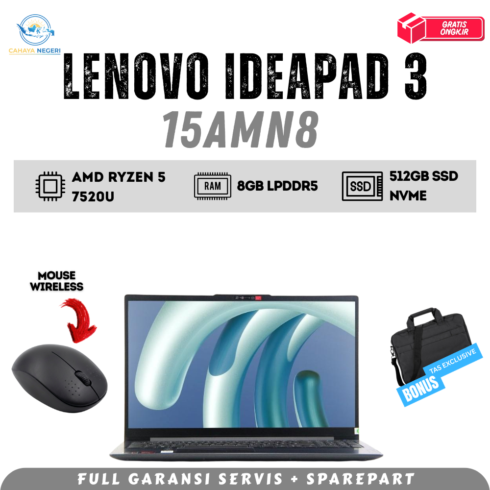 PROMO LAPTOP BARU Lenovo Ideapad 3 15AMN8 Ryzen 5 7000 Series RAM 8GB SSD 512GB Finger Print FREE TA
