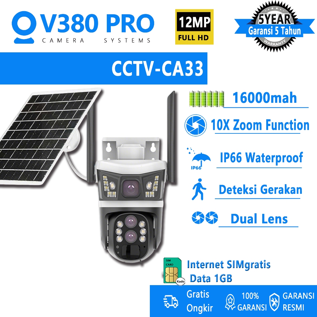 CCTV V380 pro 4G SIM PTZ control Camera HD 3 lens IP wireless WIFI outdoor waterproof solar CCTV